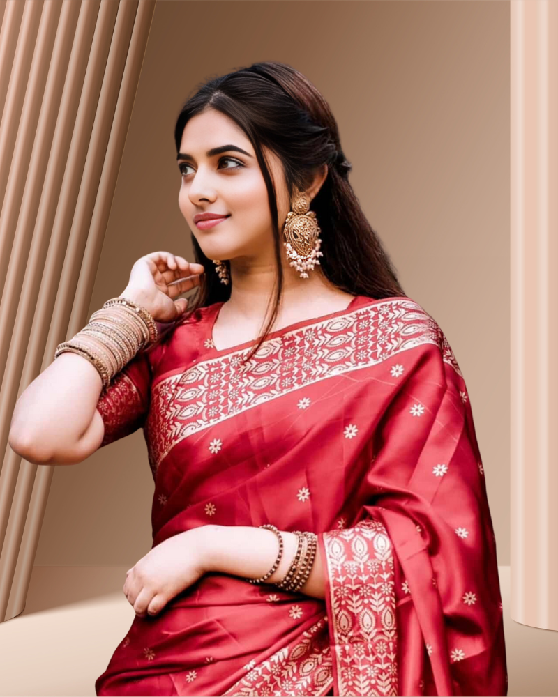 Japanese Silk Katan Sharee (Red) - Image 2